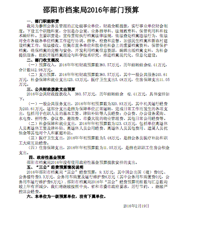 邵阳市档案局2016年度部门预算公开表