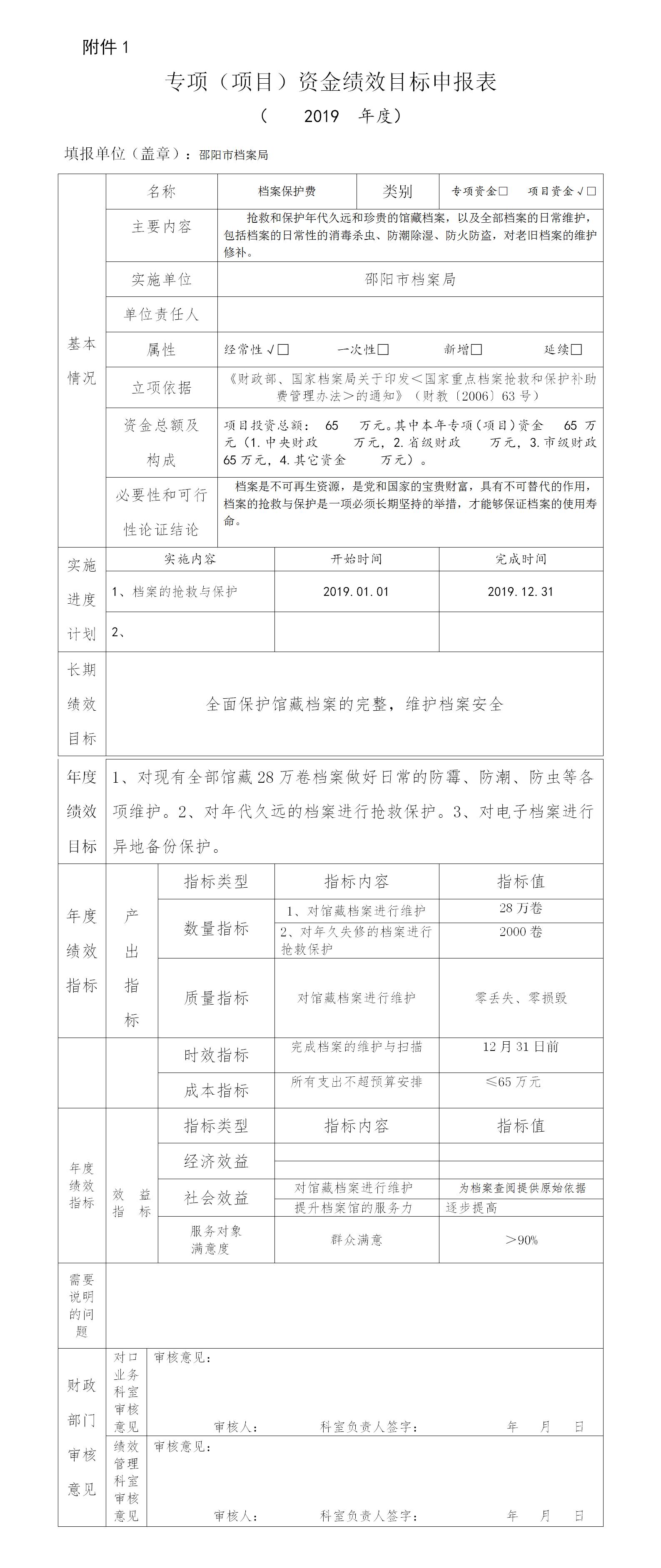 邵阳市档案局2019年专项资金绩效目标申报表