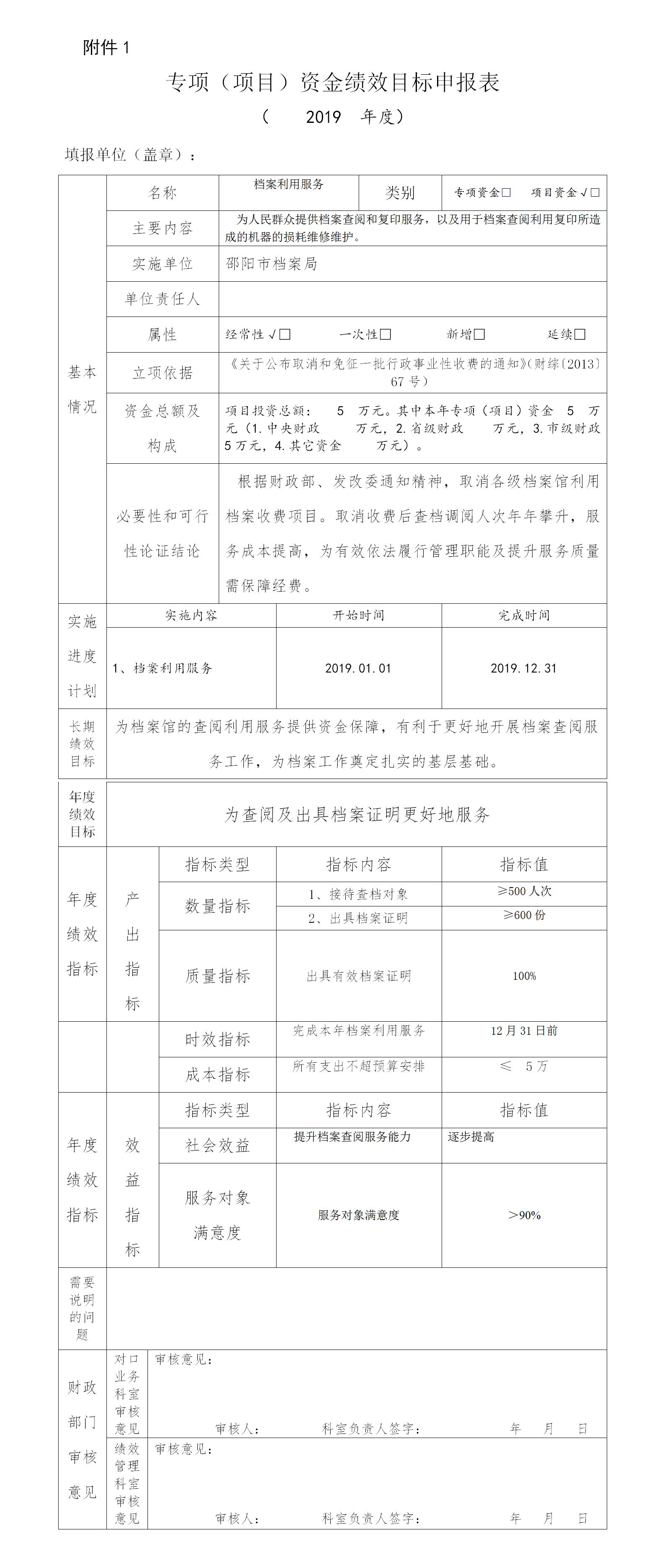 邵阳市档案局2019年专项资金绩效目标申报表