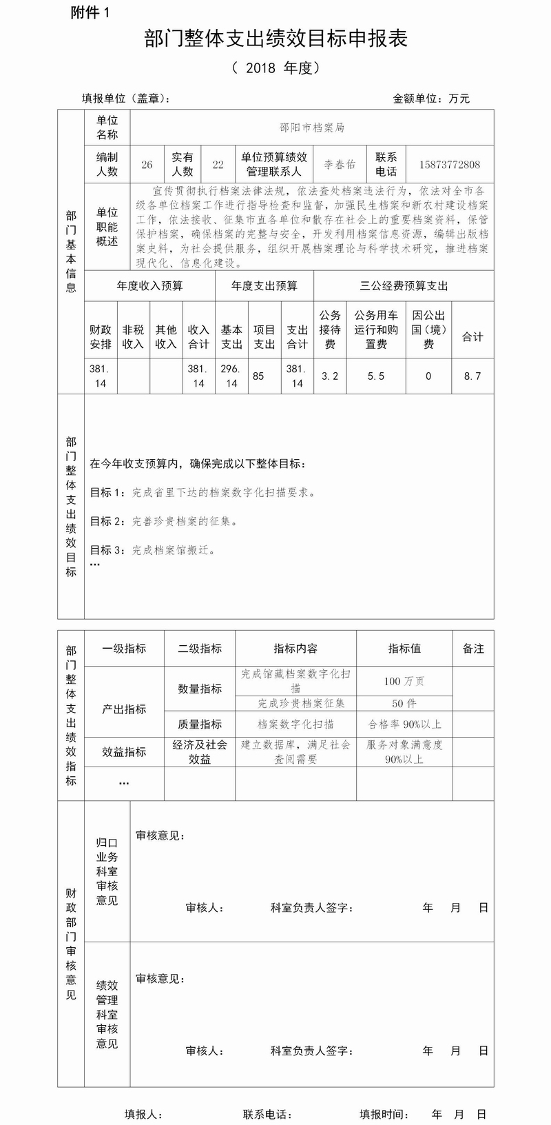 2018年度专项（项目）资金、部门整体支出绩效目标申报表