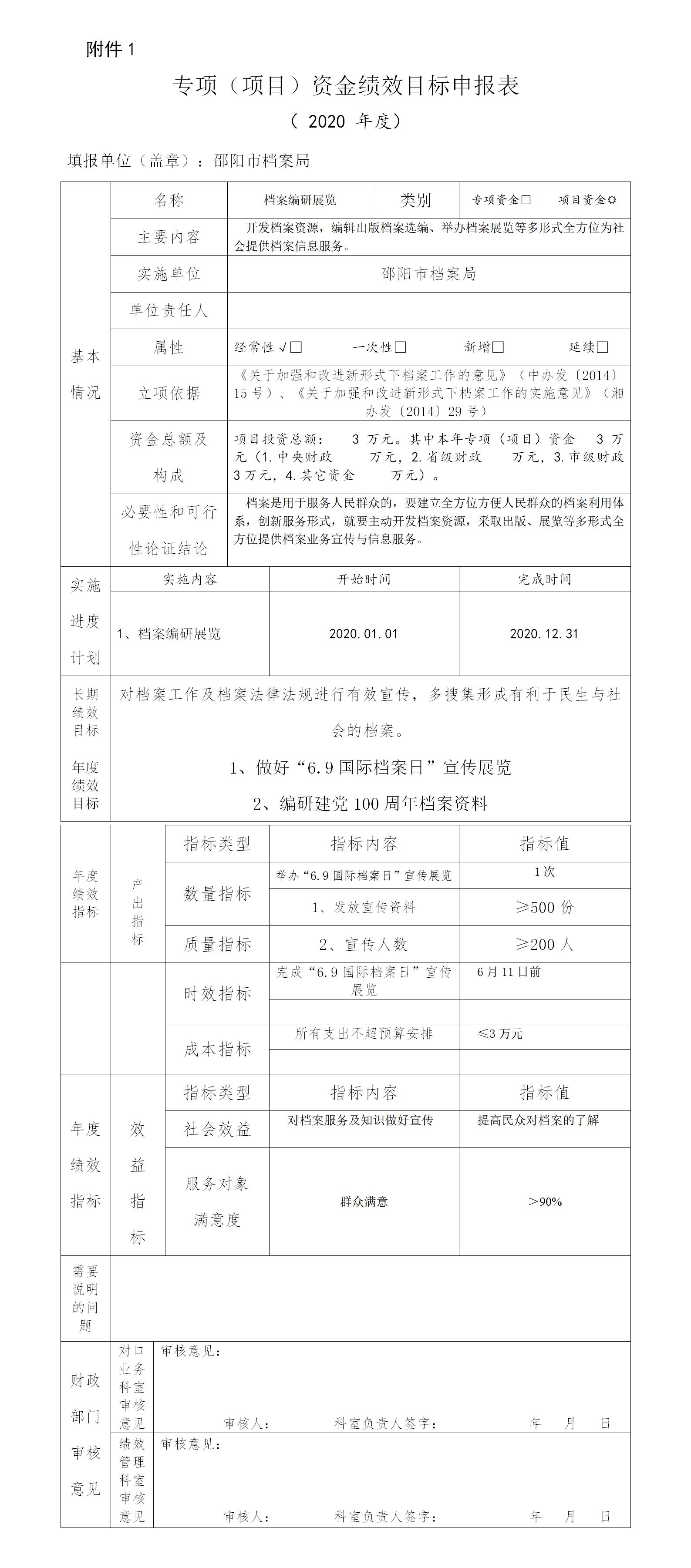 邵阳市档案局2020年项目经费绩效申报表