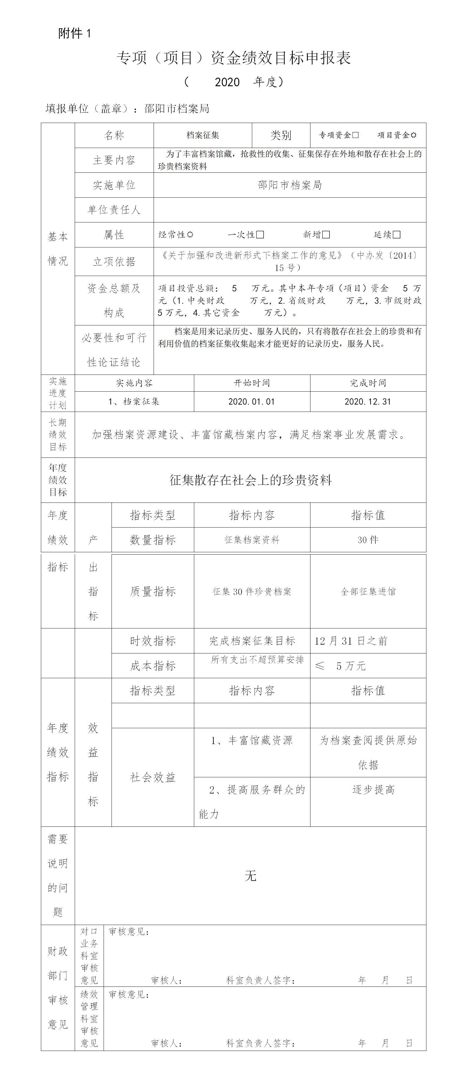 邵阳市档案局2020年项目经费绩效申报表
