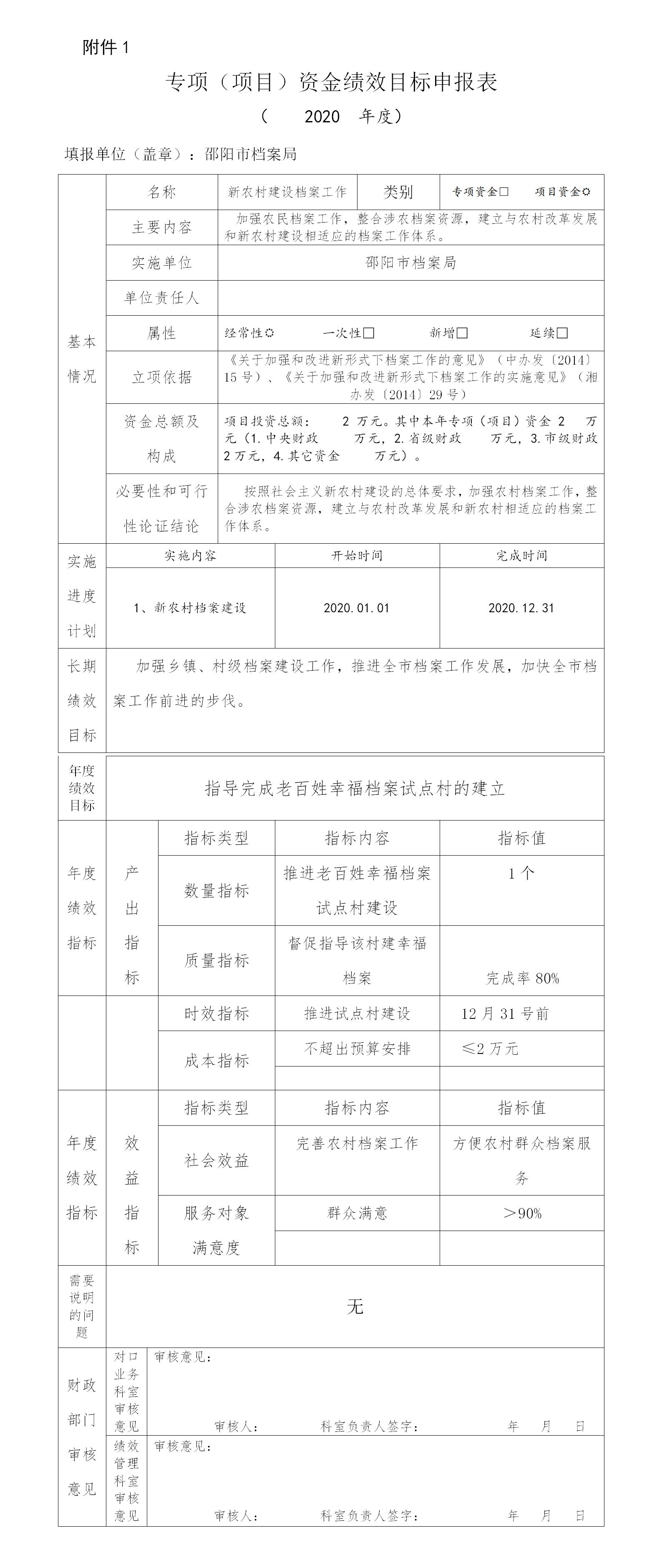 邵阳市档案局2020年项目经费绩效申报表